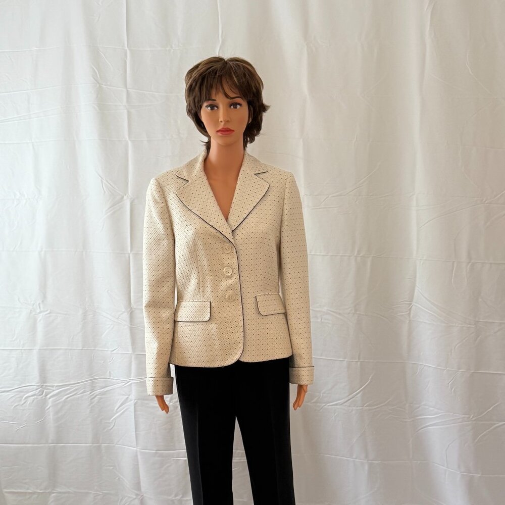 Ann Taylor Cream Jacket with Black Piping and Black/Gray Polka Dots / Size 8